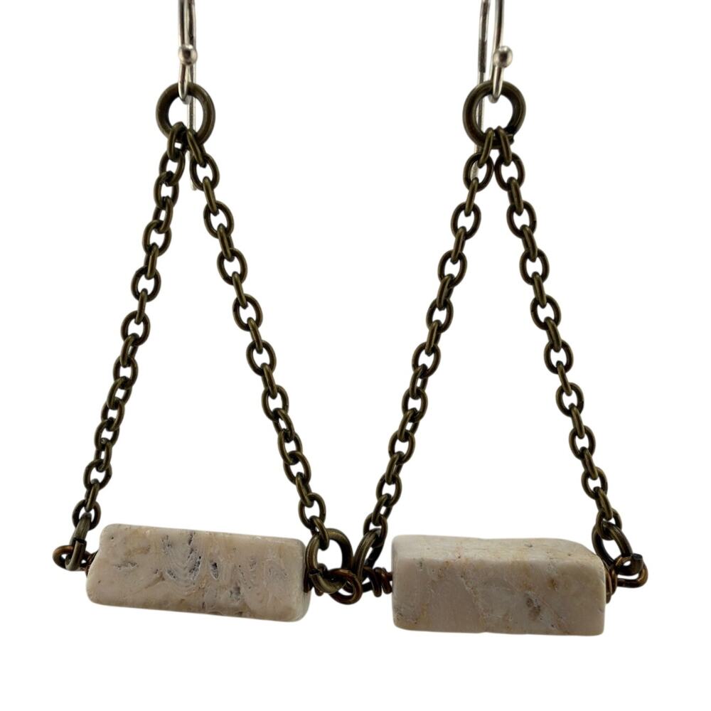 Artisan Handcrafted Riverstone Swing Chain Dangle Triangle Earrings
